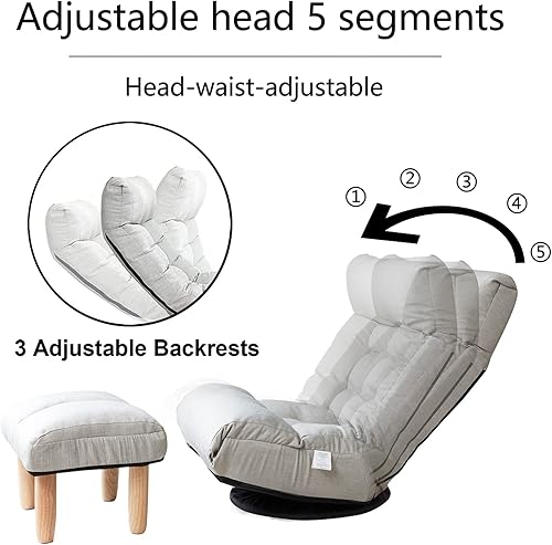 Miniatura 10 de Silla giratoria de 360 grados para juegos, silla de piso plegable con respaldo ajustable, tumbona acolchada para interiores con taburete, sofá