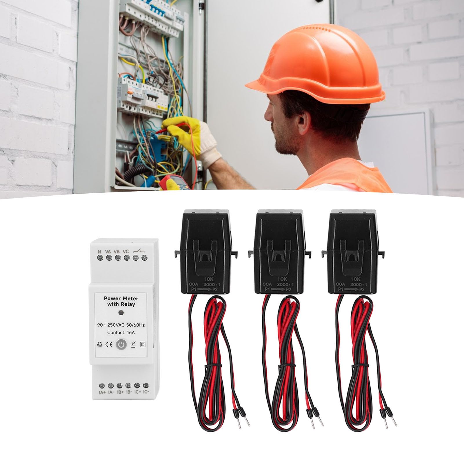 Medidor de Energía WiFi Trifásico para Hogar con Monitor de Consumo, Voltímetro y Amperímetro, 3 Transformadores de Corriente 80A, Control App y Monitoreo Tiempo Real 90x65x35mm