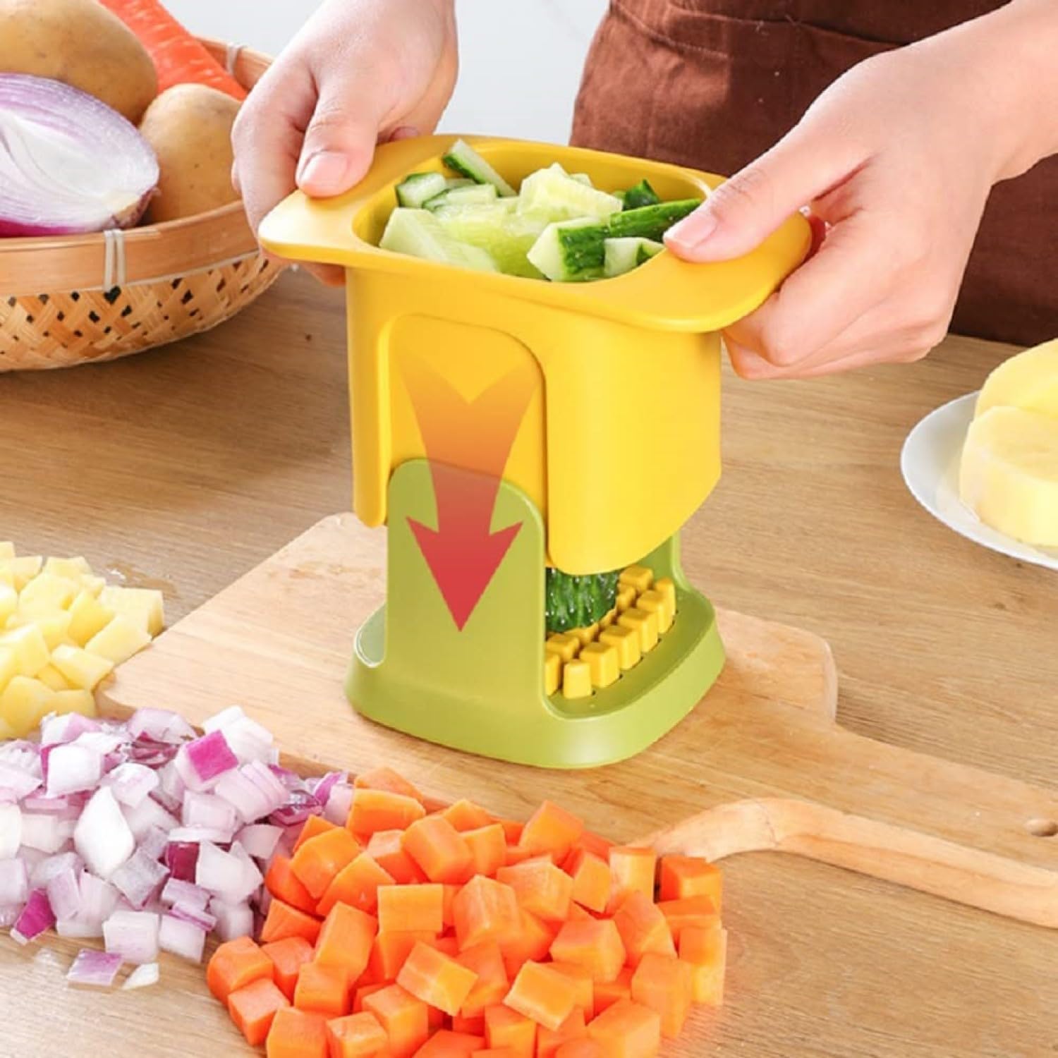 Pressure Dicer, Multifunctional Vegetable Chopper Dicing & Slitting Veggie Chopper Dicer French Fries Cutter with Container for, Home, Hotels, Restaurants, Cafe (Set of 1)-image-9