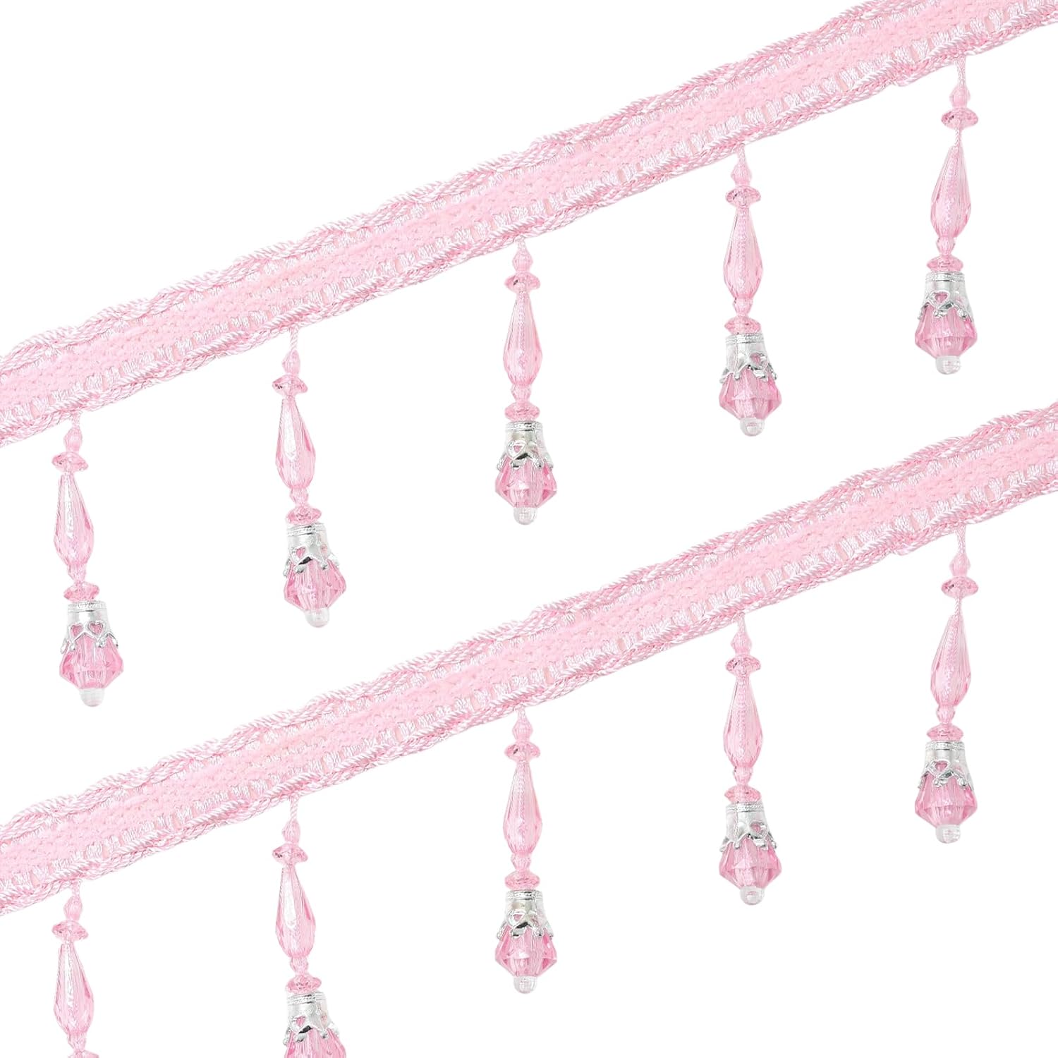 Yalulu 4 Yards Beading Fringe Tassel Trimming Long Beads Tassel Fringe Trim Curtain Trim Ribbon for Cover Decorative Curtain Tape (Pink)