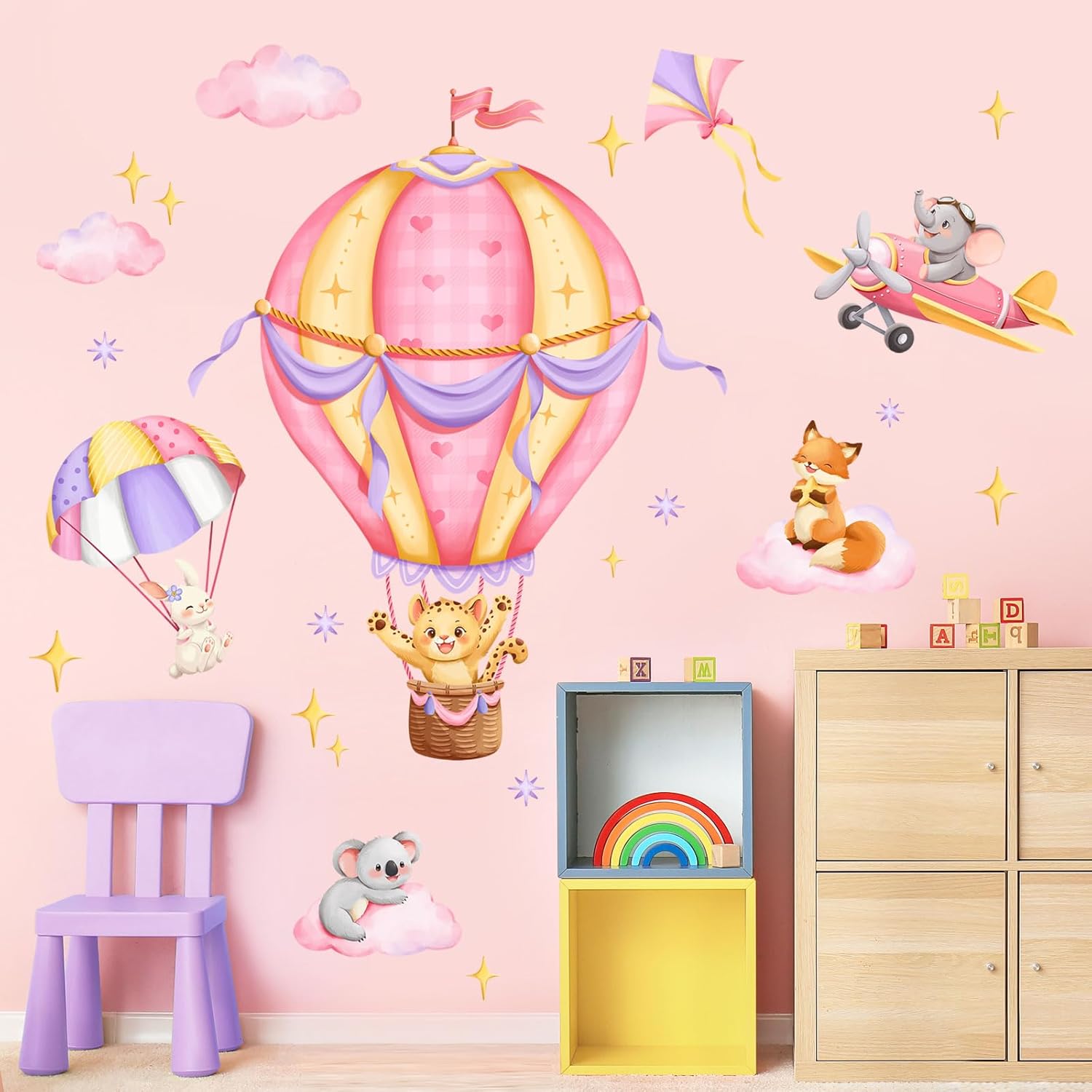 Tanlaby Pink Hot Air Balloon Wall Stickers Jungle Animals Fox Leopard Elephant Wall Decals Peel and Stick Art Decor for Baby Nursery Kids Bedroom Playroom Daycare Classroom 4 71R0E4fs0AL. AC SL1500