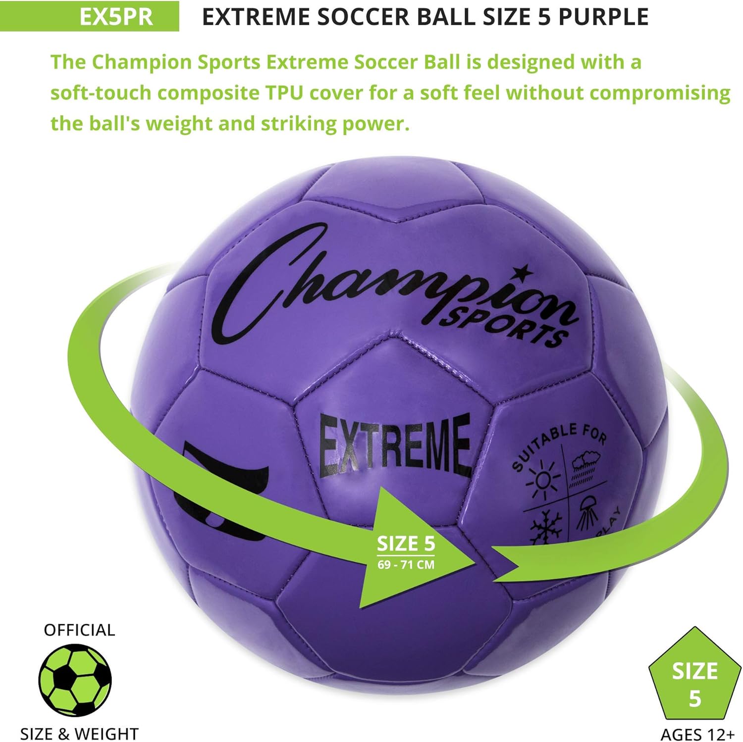 Champion Sports Extreme Series Soccer Ball, Size 4 - Youth League, All Weather, Soft Touch, Maximum Air Retention - Kick Balls for Kids 8-12 - Competitive and Recreational Futbol Games, Purple : Sports & Outdoors