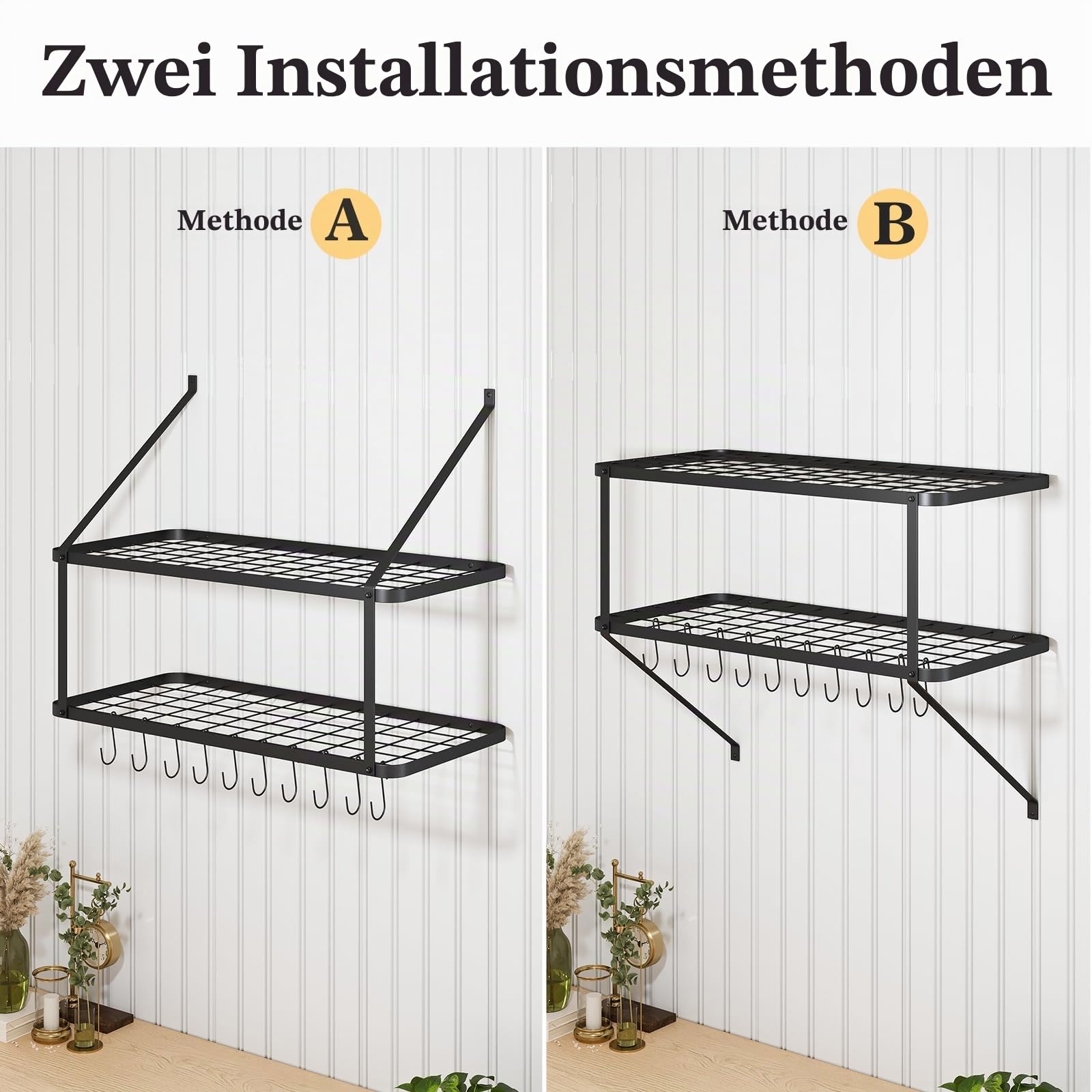 Warmiehomy Küchenregal Wand Pfannenhalter, Wandregal Küche mit 10 Haken, 2-Schicht Topf Pfannen Organizer, Gewürzregal Hängend, Wandmontage Küchenutensilienhalter Küchenablage (74,9x34,8x58,9 cm)