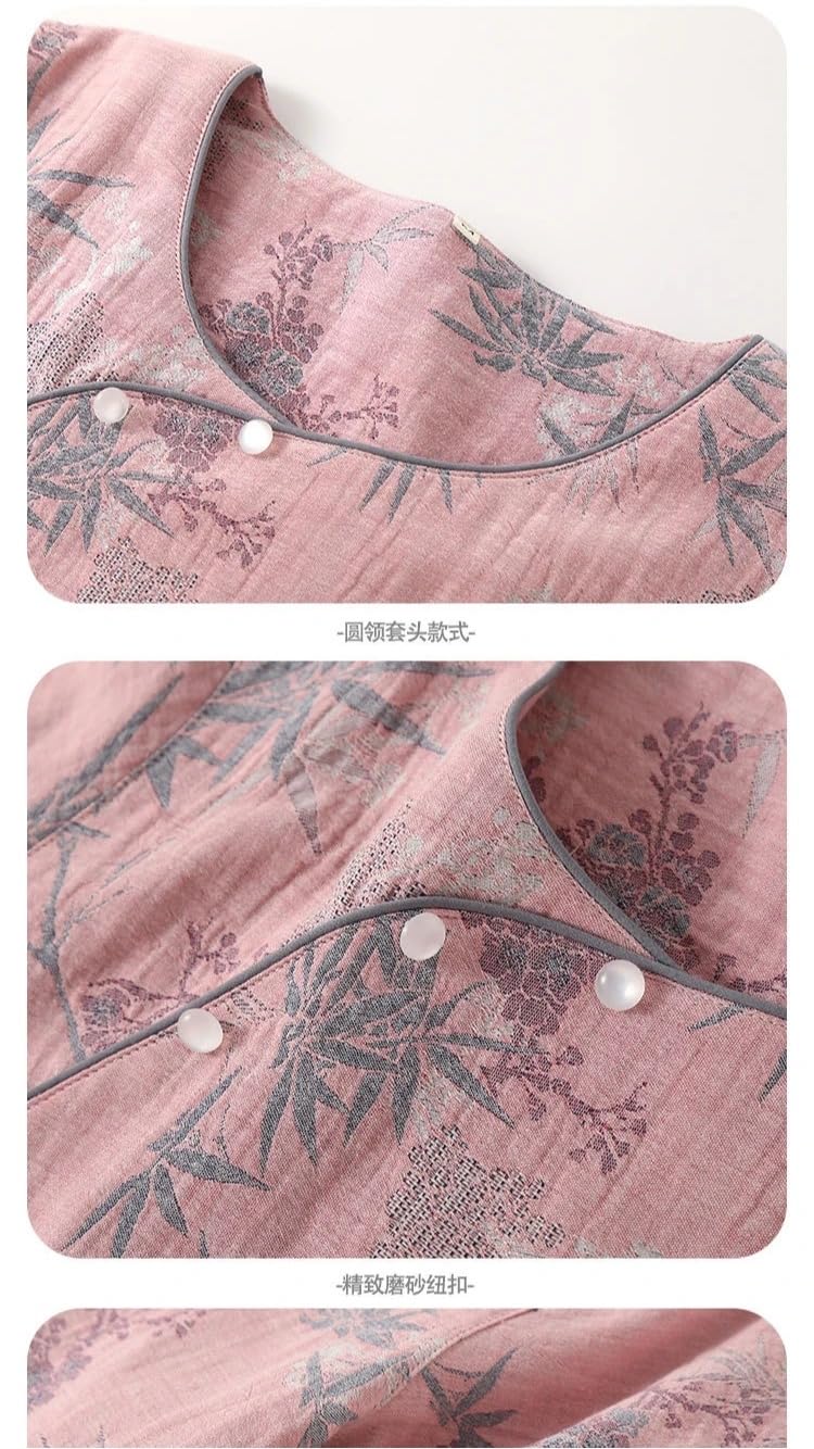 Ropa de dormir de algodón con estampado tradicional para mujer, primavera y verano, manga corta, pantalones largos, pijamas sueltos