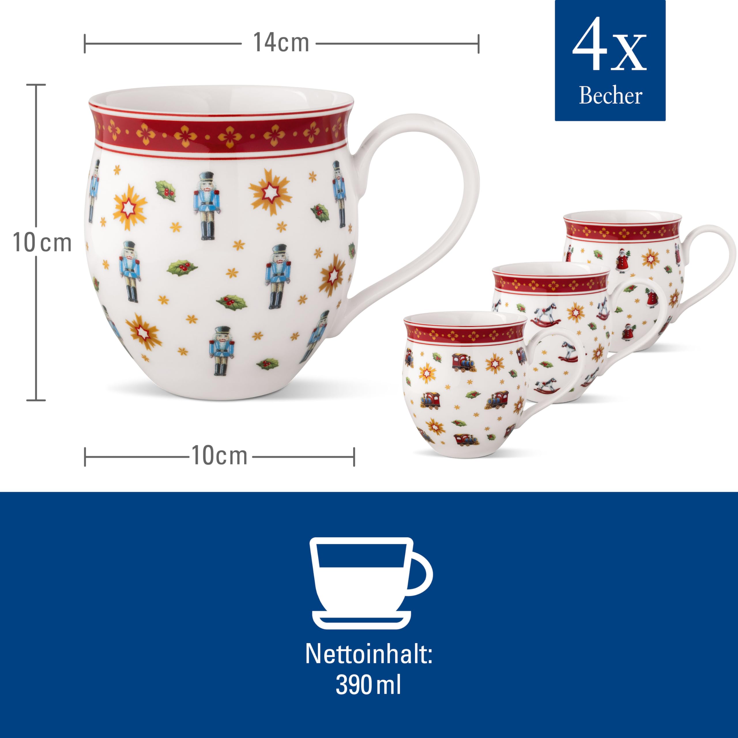Villeroy & Boch - Toy's Delight Jubiläums-Becher Set 4 Teilig Bunt, Weihnachten, Becher Set für 4 Personen, Kaffeebecher, Kaffeetassen, Weihnachtsmotiv, Weihnachtsgeschirr, Premium Porzellan