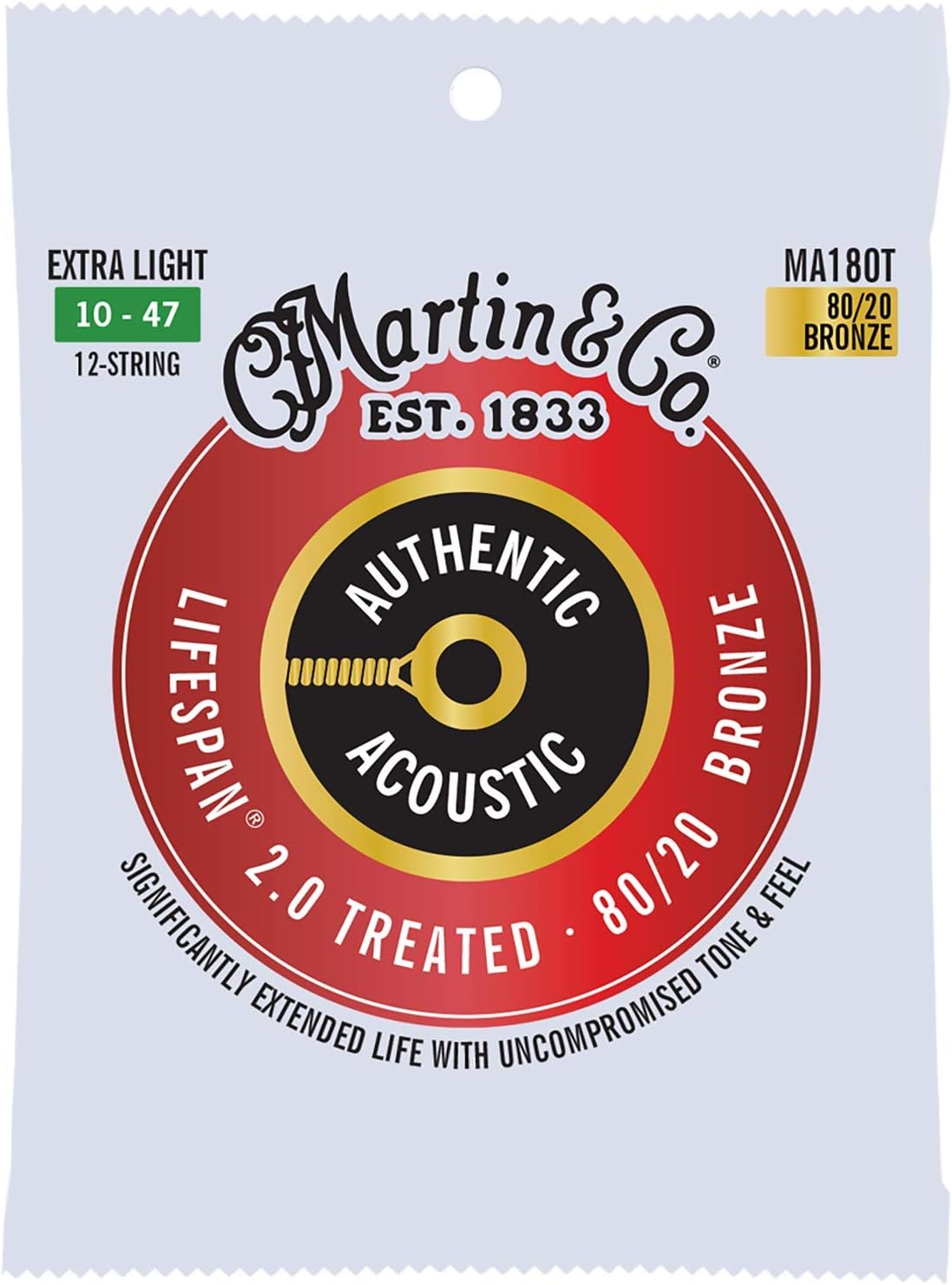 Martin Authentic Acoustic Guitar Strings, Lifespan 2.0 Treated, Extra Light 12-String, 80/20 Bronze