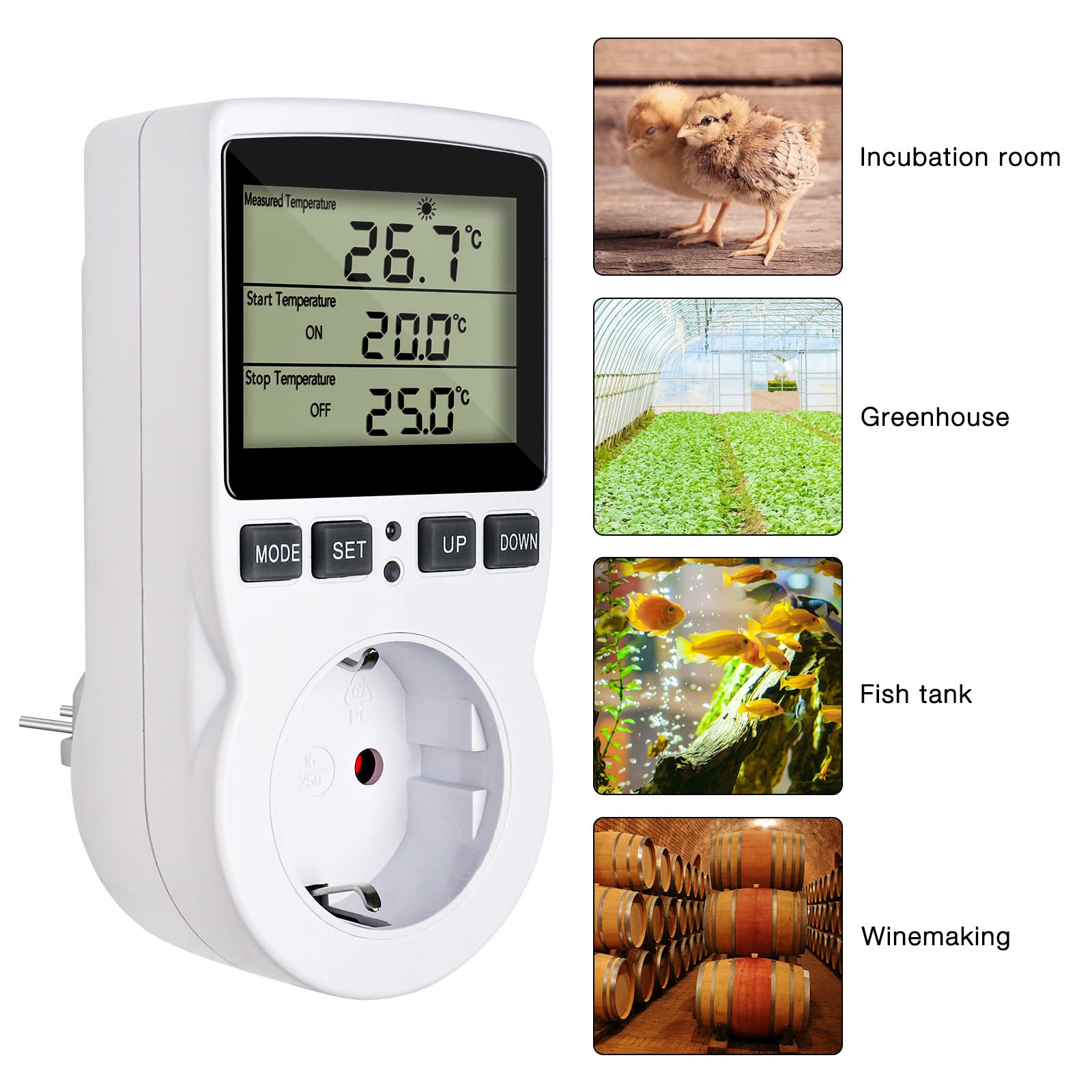 Regulator temperatury, gniazdko elektryczne 230 V, z czujnikiem, cyfrowy termostat, gniazdko elektryczne z timerem i sondą, termostat gniazdka do szklarni, terrarium, akwarium, ogrzewania