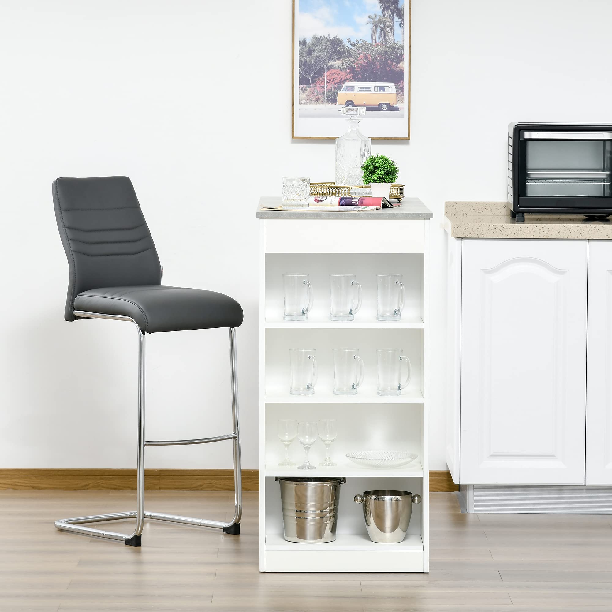 HOMCOM Mesa de Bar Mesa Alta con Estantería 115x50x102,7 cm Blanco y Gris | Tipo Bistró de Cocina, 4 Niveles, Estilo Moderno, Melamina, para Comedor Salón