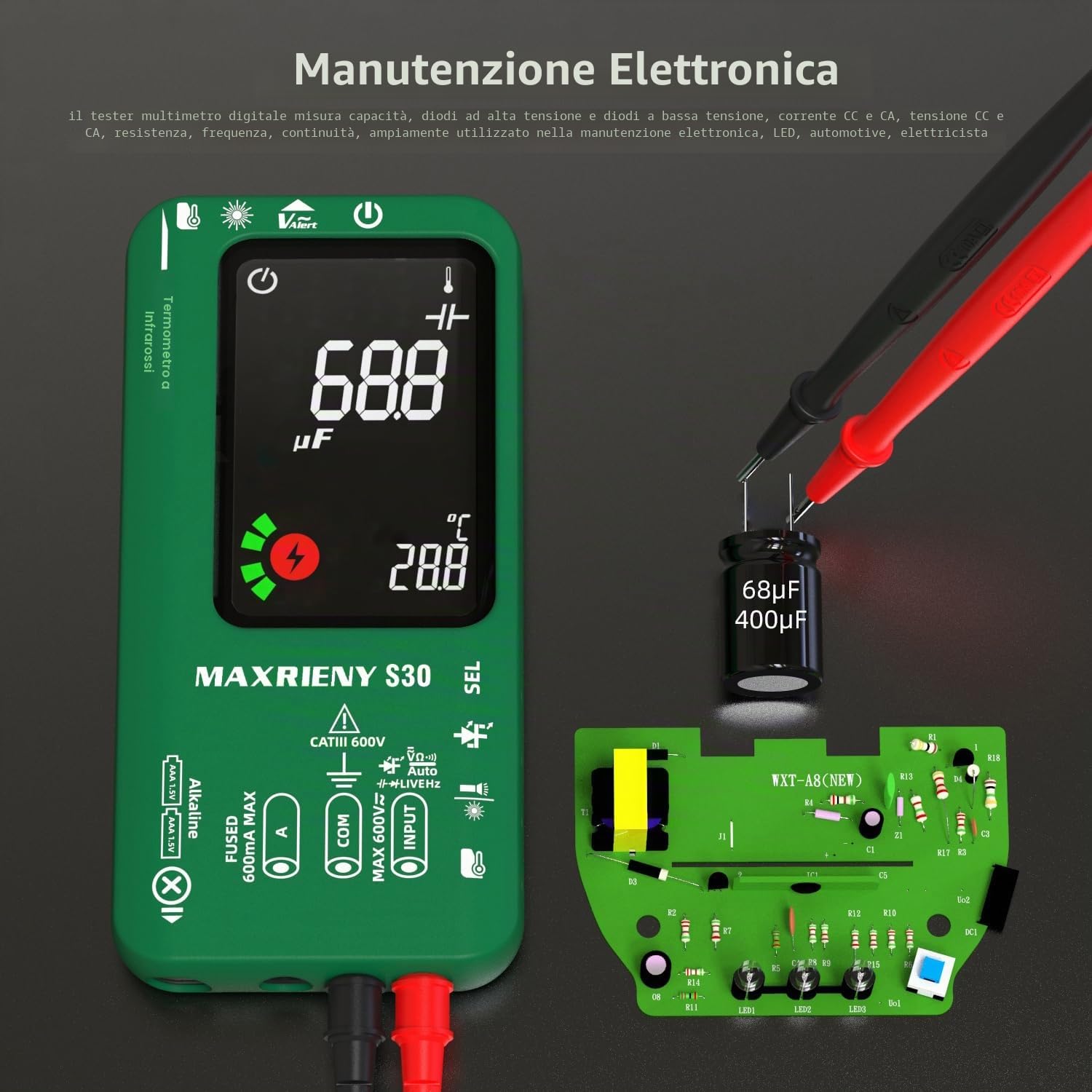 Multimetro Digitale Termometro a Infrarossi Ricaricabile Voltmetro Intelligente 9999 Conteggi Tester di Corrente Elettrica Capacità Diodo Tester di Tensione per LED Automotive Elettronico