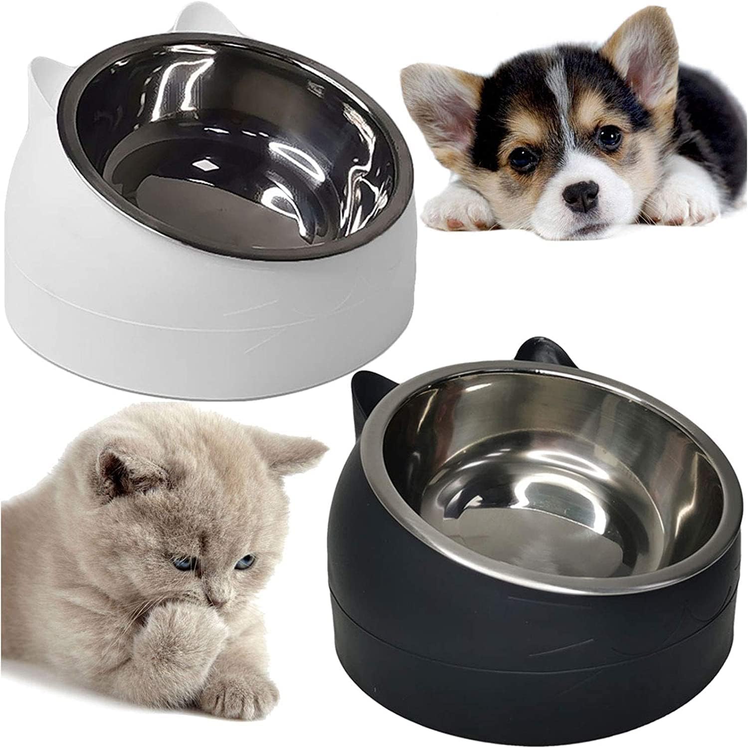 Kathson 2PCS Raised Cat Bowl Tilted 15° Slanted Elevated Bulldog Feeder Non-Spill Dog Kitten Food Dish