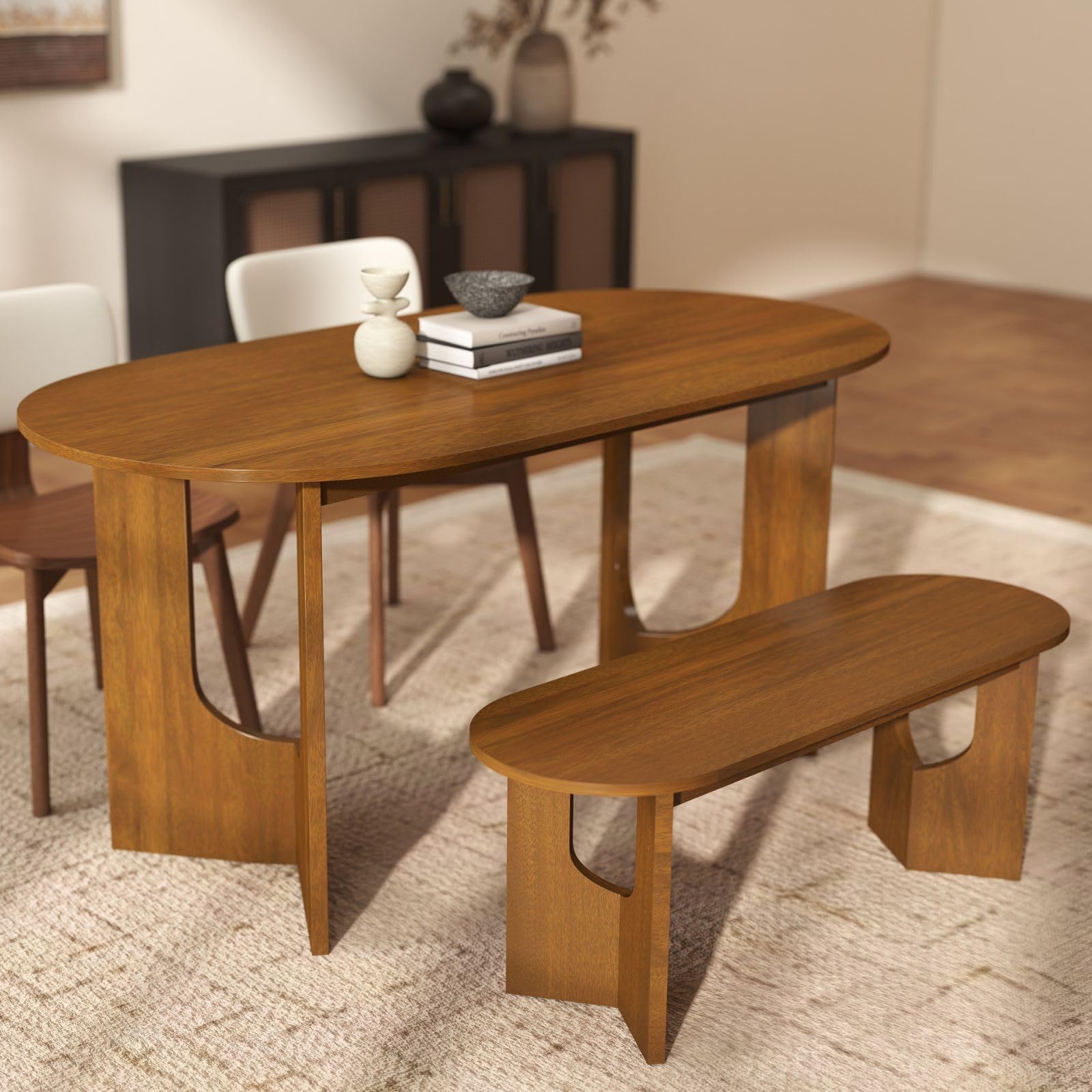 47.25" L Walnut Wood Oval Bench, Solid Wood Dining Bench with Wooden Legs for Dining Room, Restaurant, 1 Piece