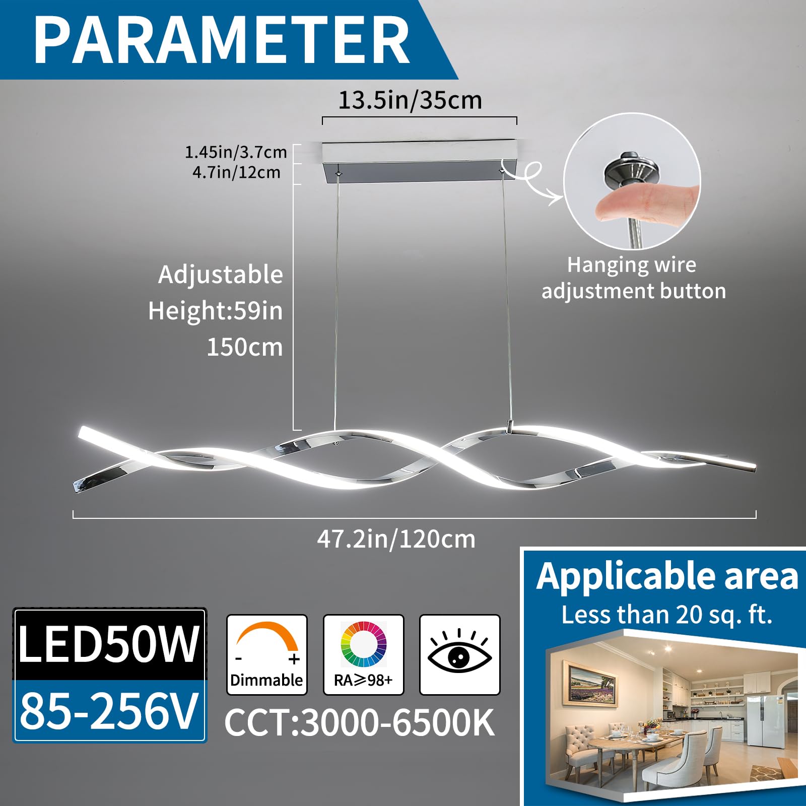Mikeru 120cm LED Pendelleuchten Höhenverstellbar, LED Chrom Moderne Hängeleuchte Esstisch Hängelampe Dimmbar 10% bis 100% Höhenverstellbarer Wave Pendelleuchte Esstisch für Wohnzimmer, Küche