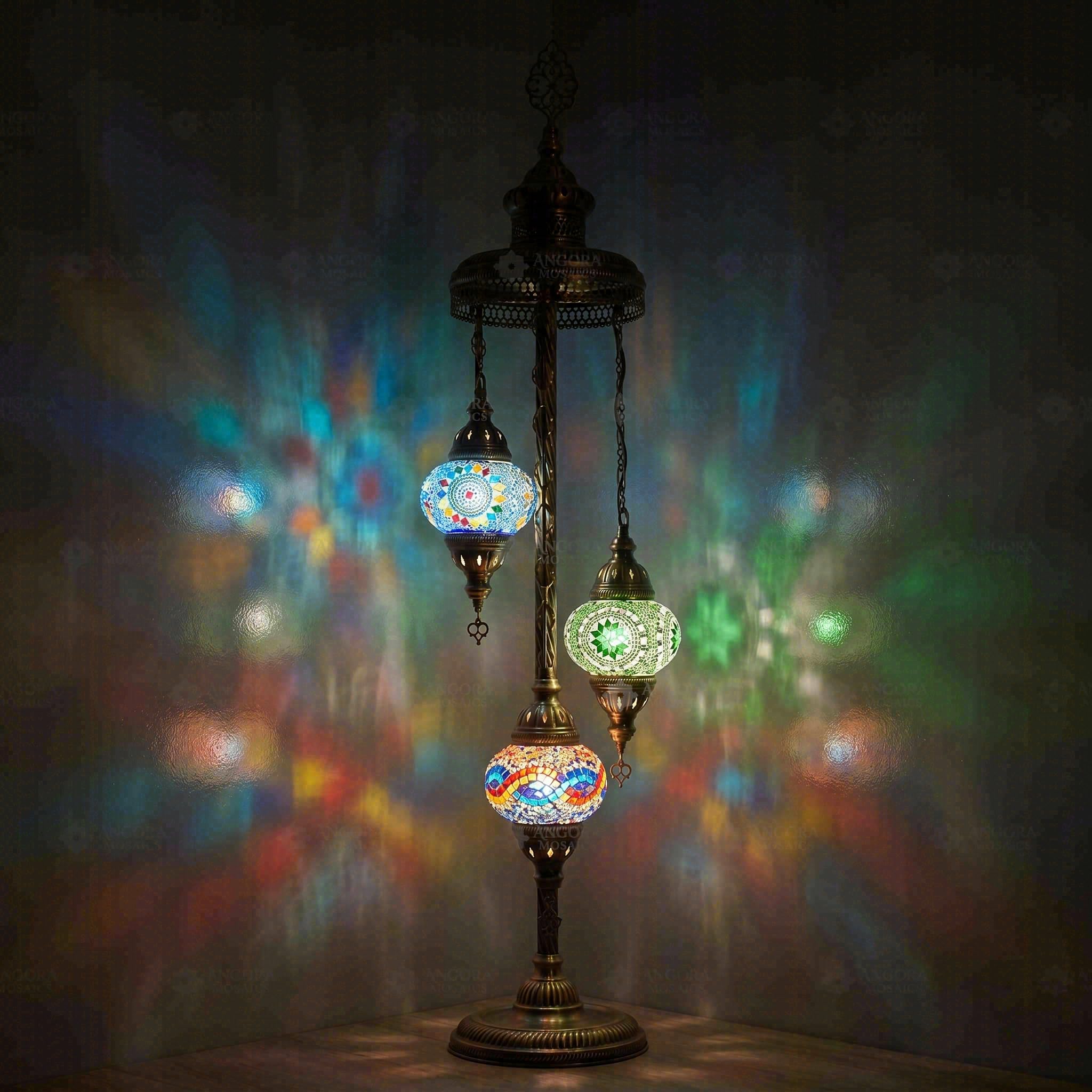 ENVA Lampada da terra multicolore con mosaico turco, realizzata a mano, 3 globi, lampada in vetro con mosaico bohémien, per soggiorno e camera da letto