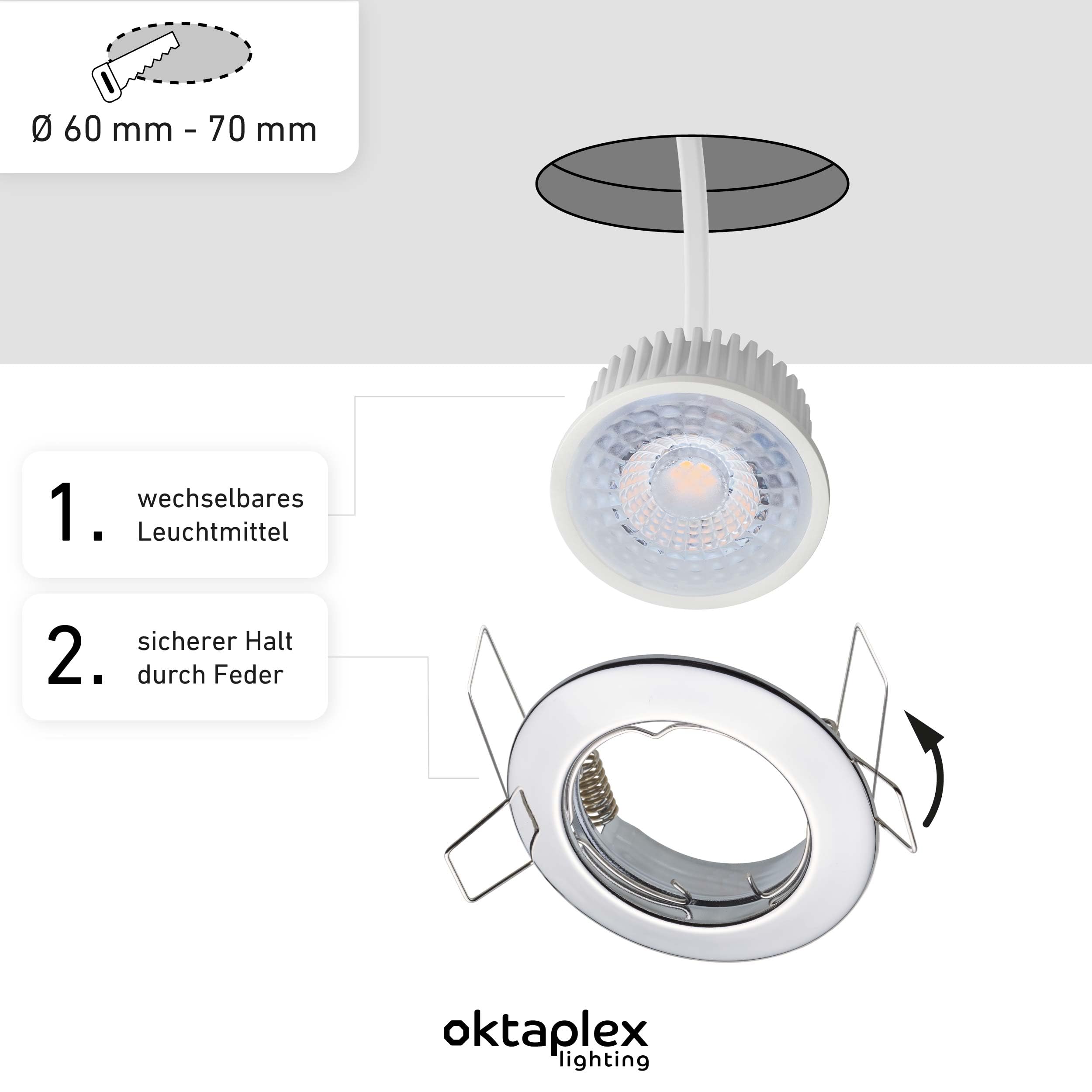 Oktaplex 9er Set Sedan LED Einbauspots 230V 3 Stufen dimmbar 3000K Warmweiß | 22mm Einbautiefe, Lochmaß 60mm, 4,8W, 380lm, 110° Einbauleuchte Sedan, Chrom flach