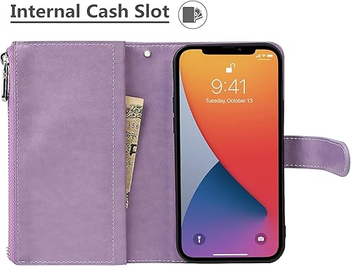 Miniatura 4 de iCoverCase Funda tipo cartera para iPhone 13 Pro Max con tarjetero, 2 en 1, de piel sintética, con cierre magnético, bolsillo con cremallera, a