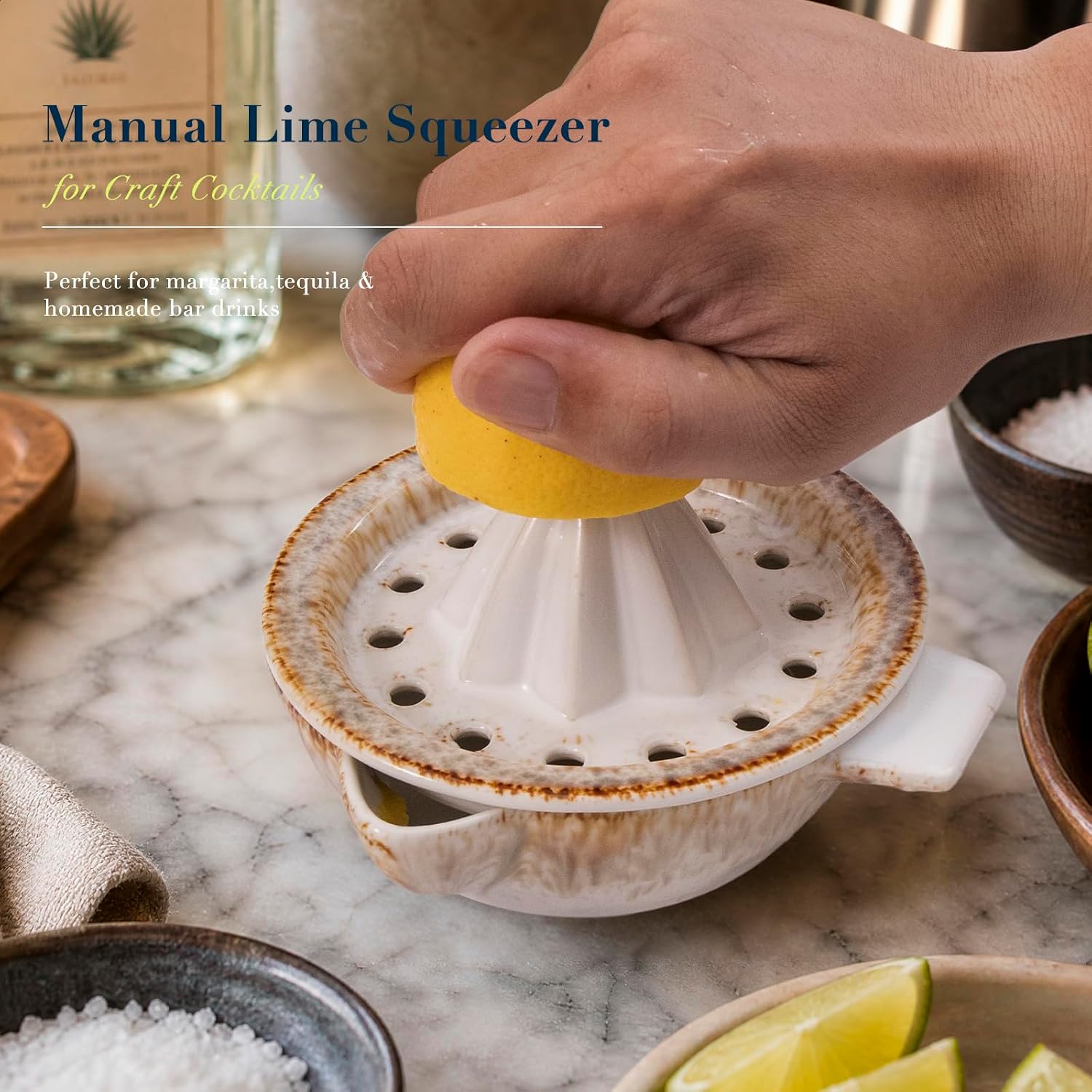 Lemon Orange Grapefruit Juicer Manual Squeezer Ceramic Hand Juicer Reamer Rotation Press with Strainer＆ 5oz Bowl, Pour Spout, Handle, Dishwasher Safe, Easy to Clean,Sandy Beige
