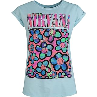 Nirvana Coloured Flowers Femme T-Shirt Manches Courtes Bleu 100% Coton Regular/Coupe Standard - Les Beatles, Paul McCartney, John Lennon, RIngo Starr, George Harrison