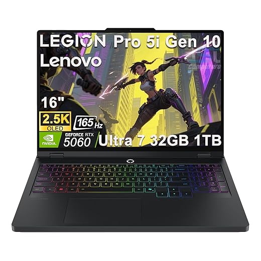 Lenovo Legion 5 Pro 5i Gen 10 Gaming Laptop (16" 2.5K OLED G-SYNC 165Hz, NVIDIA RTX 5060 8GB, Intel Core Ultra 7 255HX, 32GB DDR5 RAM, 1TB SSD), 24-Zone RGB Backlit, Wi-Fi 7, 5MP Webcam, Win 11 Home
