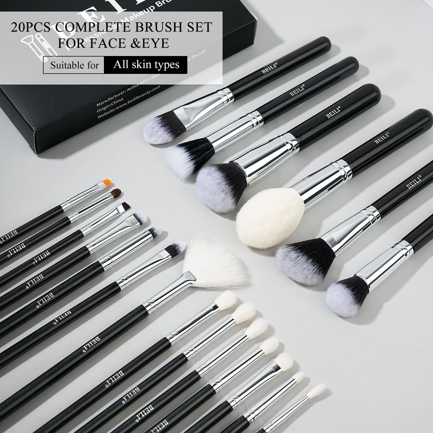 BEILI Pinceaux Maquillage 20PC Kit Pinceau Maquillage Professionnel Poils Chèvre Naturels Synthétiques de Qualité Supérieure pour Fond de Teint,Poudre,Anti-cernes,Ombres à Paupières,Sourcils,Eyeliner
