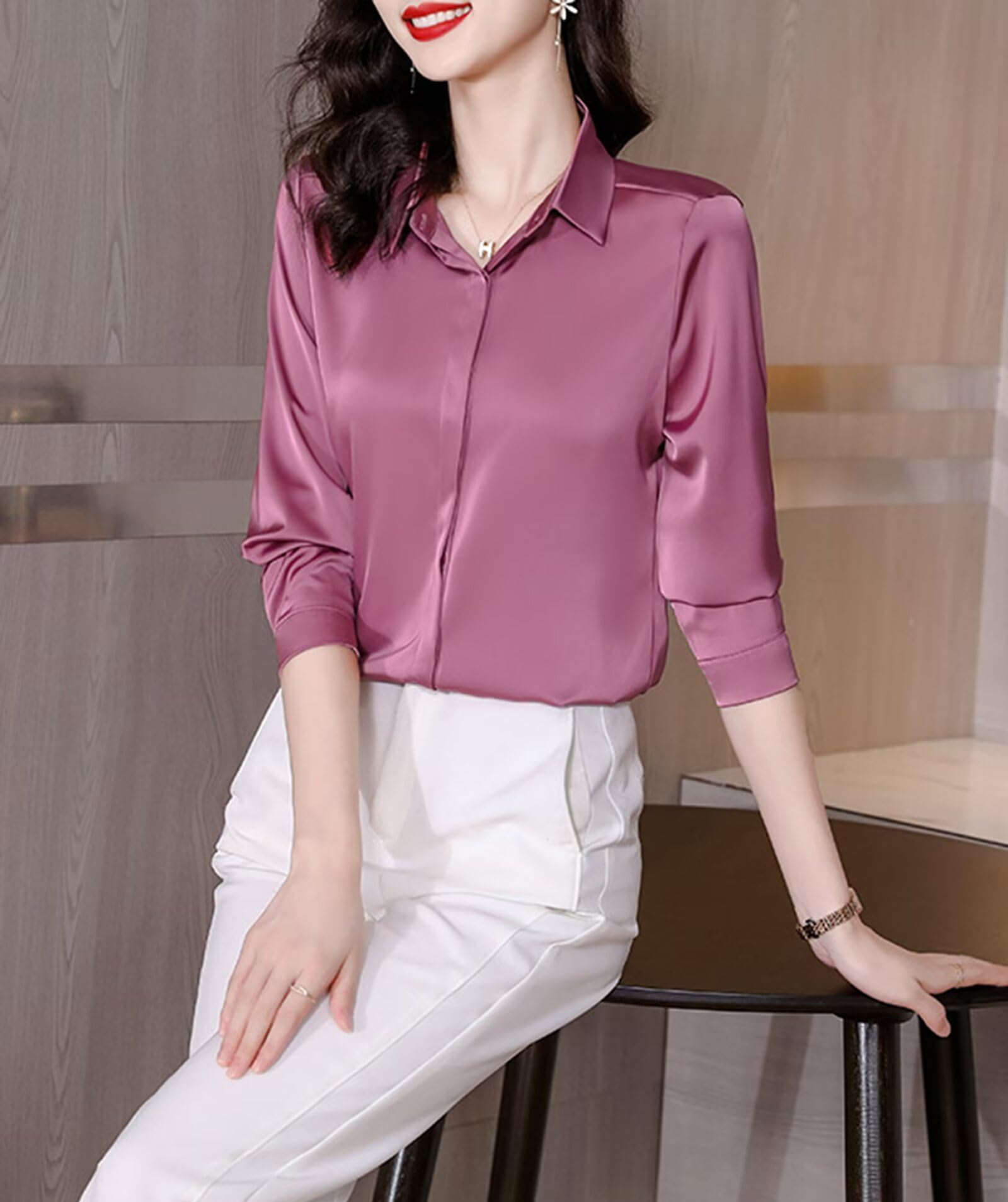 Elegante Blusa de Seda Mujer Camisas Manga Larga de Oficina,100% Seda