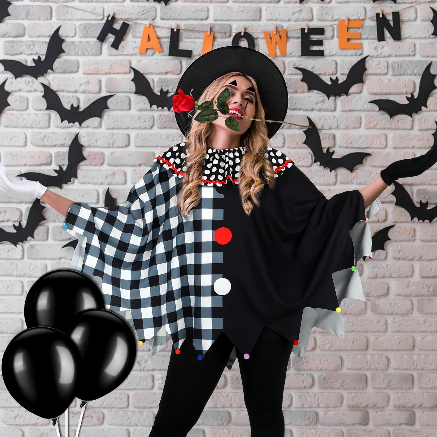 Haull 11 Pcs Jester Killer Clown Costume for Women Halloween Scary Clown Poncho Red Rose Balloon Wig Gloves Leggings Creepy Costume for Women Halloween Cosplay Accessories - Image 6