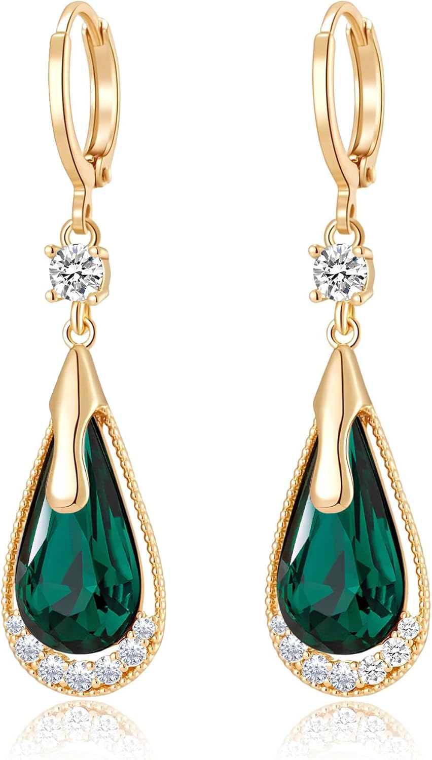 Trendy Austrian Crystal Teardrop Drop Huggie Dangle Earrings for Women 14k Rose Gold Plated Hypoallergenic Jewelry Gifts