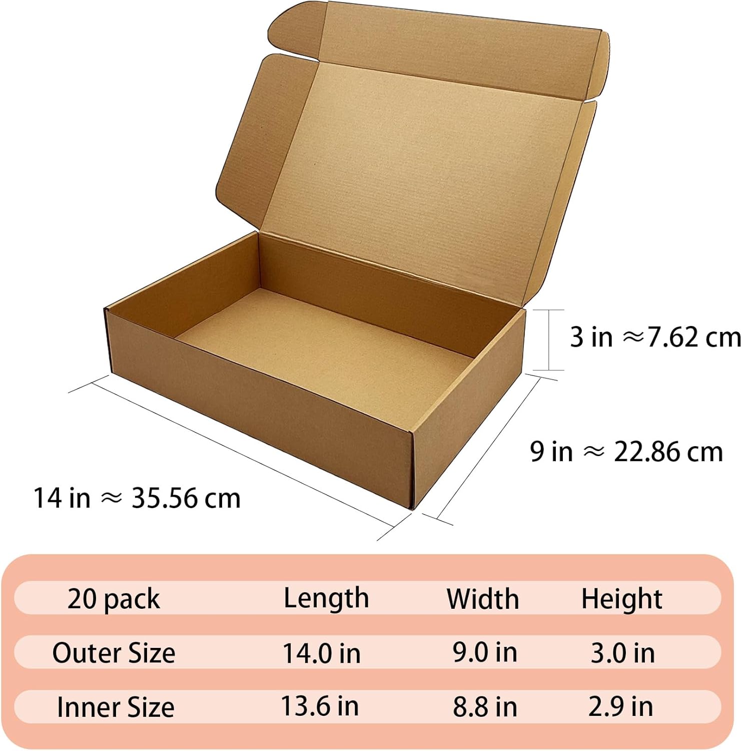 14 x9 x 3 inch Shipping Boxes Set of 20， Brown Corrugated Cardboard Box Mailer Boxes for Packaging Small Business Shipping，Mailing Boxes Bulk for Birthday Wedding Party Book Literature Gift Giving