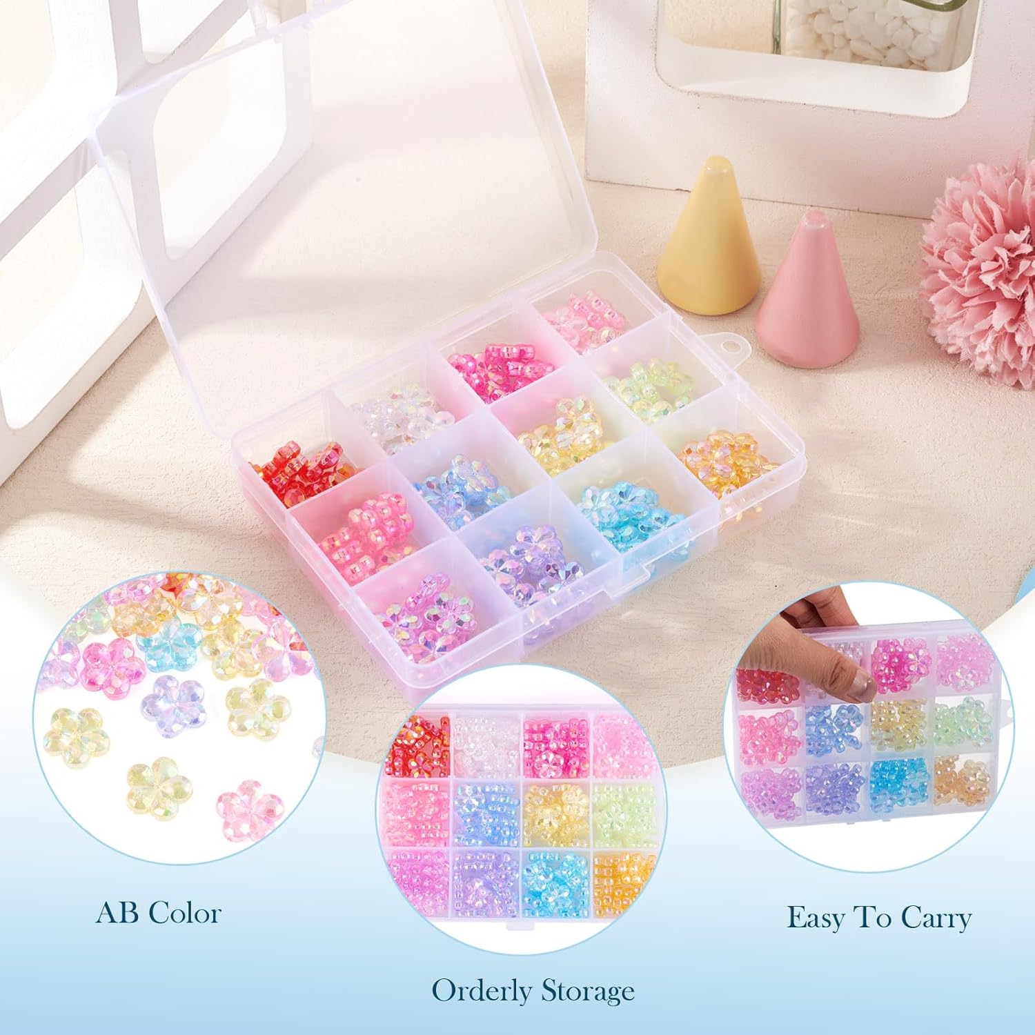 168Pcs Acrylic Kandi Flower Beads Clear Iridescent Pastel Floral Shaped Friendship Bracelet Beads Cute Faceted for Crafts DIY Phone Keychain Lanyards Jewelry Making Supplies - Image 6