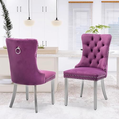 Miniatura 33 de Juego de 6 sillas de comedor de terciopelo, sillas de comedor tapizadas acolchadas con ribete de tachuelas y patas de madera maciza para cocina,