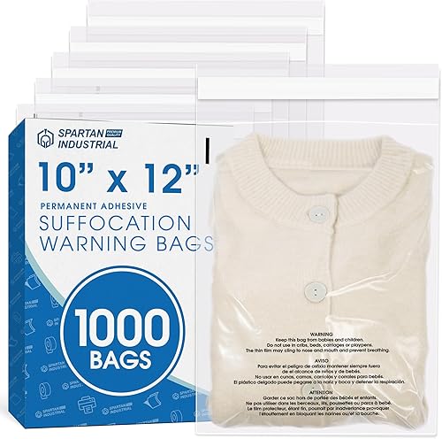 Spartan Industrial - Bolsas de polietileno transparentes autosellantes de 10 x 12 pulgadas (1000 unidades) con advertencia de asfixia para embalaje,