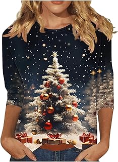 Christmas T Shirts for Women 3/4 Sleeve Holiday Graphic Tee Loose Casual Tops Xmas Party Outfit Pullover
