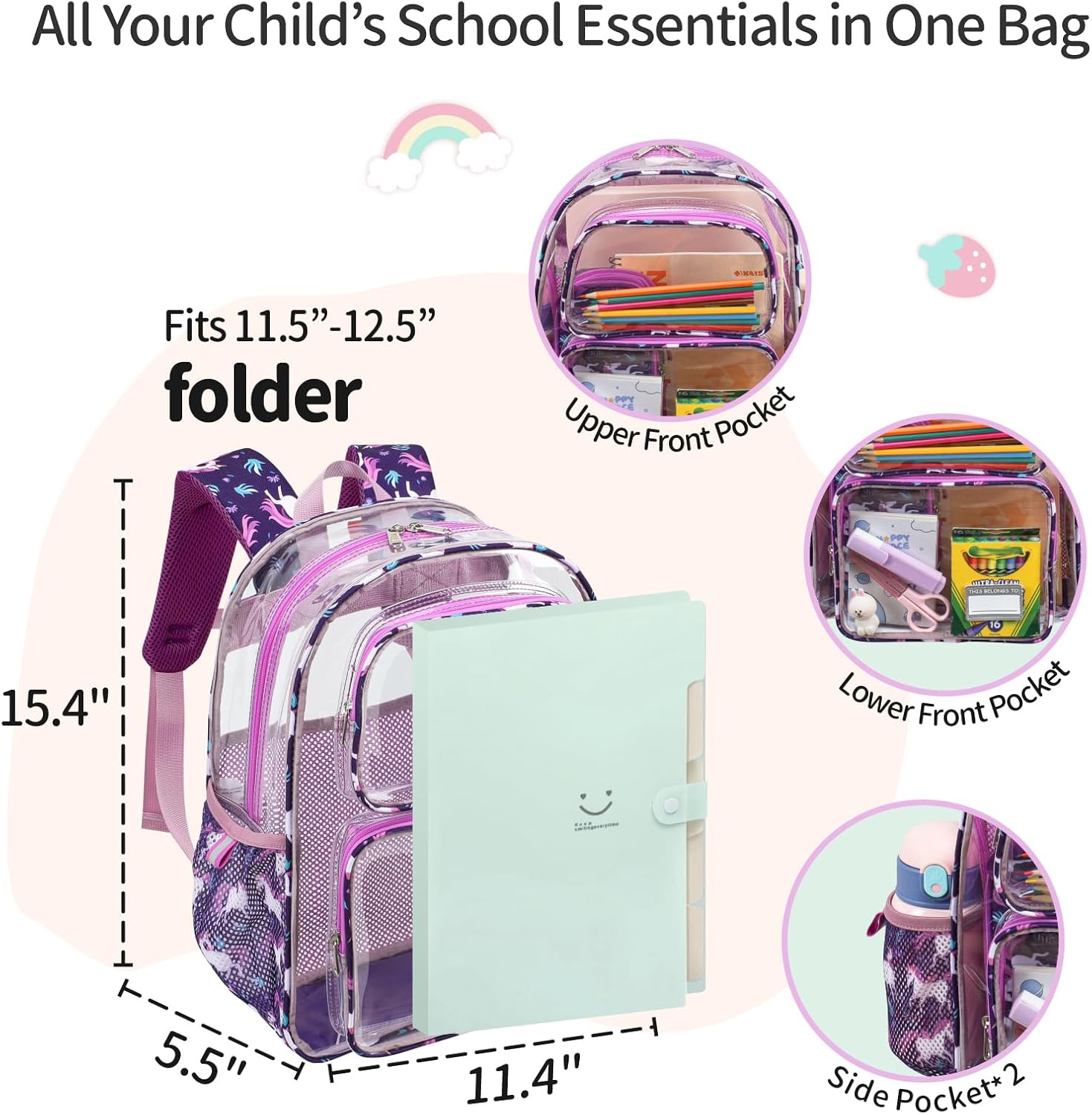 Clear Backpack for Girls, 15 Inch Heavy Duty Transparent Bookbag for Kindergarten to 2nd Grade, PVC See Through Daypack with Reflective Straps, Fits Standard Folders, Deep Purple Unicorn - Image 3