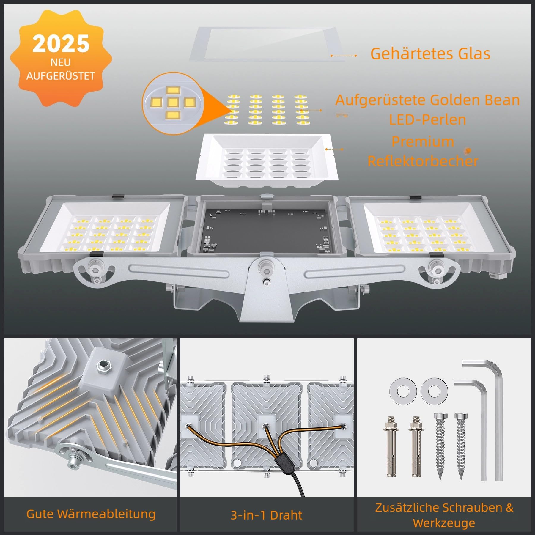 SOLLA 300W LED-Flutlicht für den Außenbereich, Ultra Bright 30000LM 6000K Daylight White IP66 Waterproof, Stadium Lights, 3 Heads Outdoor Floodlight Security Lights for Yards, Patios, Street-Grau