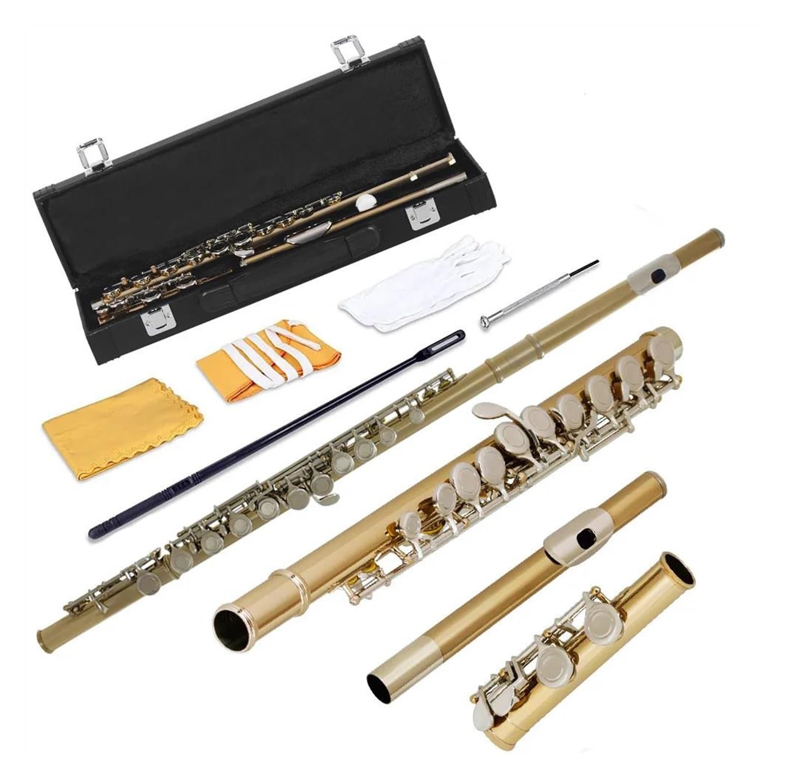 Flauta Transversal Flauta Dorada y Plateada con Orificio Cerrado Ranura C Flauta Instrumental para Estudiantes Principiantes con Estuche