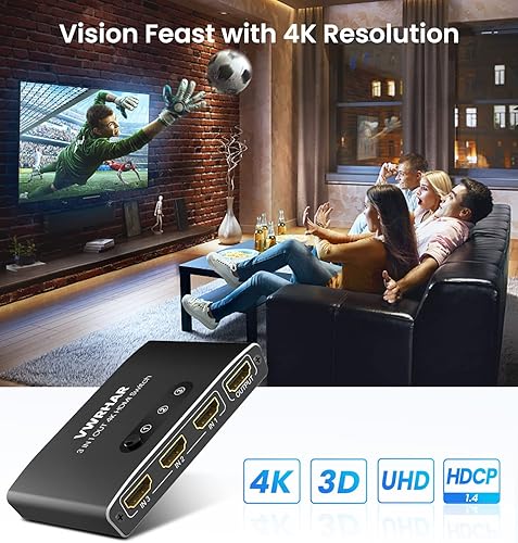 Miniatura 6 de Interruptor HDMI 3 en 1 Salida 4K UHD HDMI Switcher Splitter, interruptor automático con control remoto de metal HDMI Switch Box Hub Soporte 4K 3D