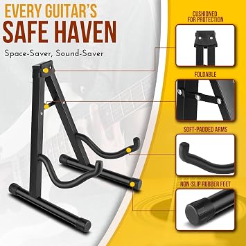Flexzion Guitar A-Frame Stand Floor Support for Acoustic and Electric Guitars - Portable Instrument Stand Rack Holder Display for Classical Guitar and Bass, Violin, Ukulele, Banjo, Mandolin