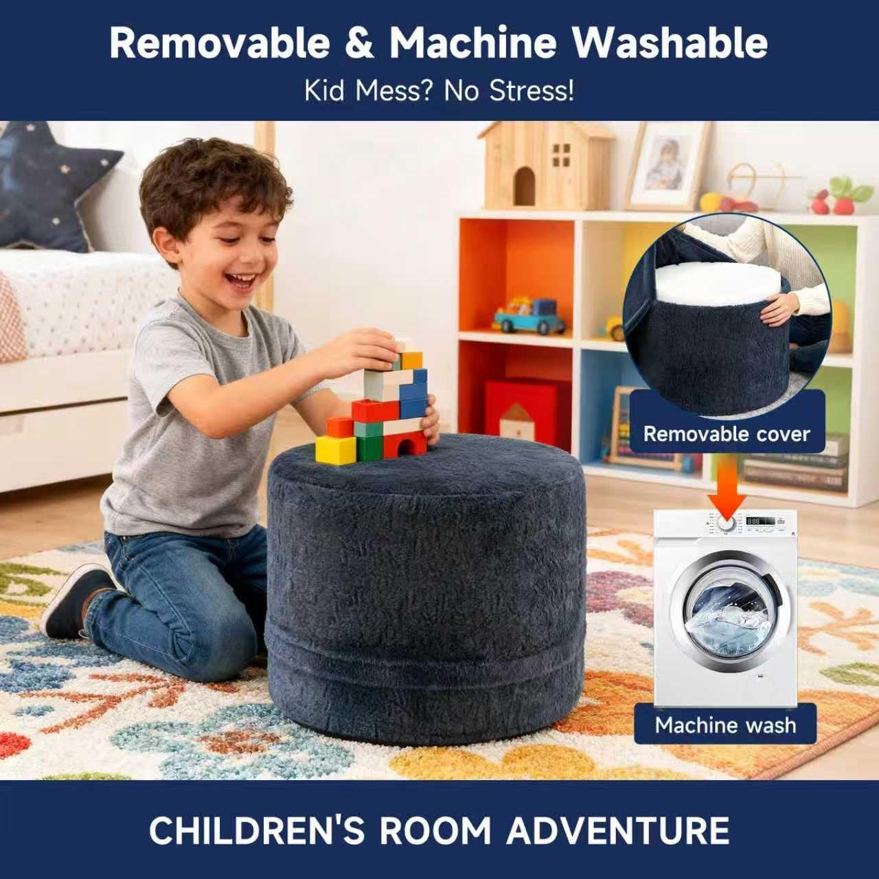 Tiita Stuffed Pouf Ottoman, Round Foot Stool Fluffy Floor Poufs Chair for Living Room Bedroom, Filled Boho Foot Rest for Couch, Blue-Grey