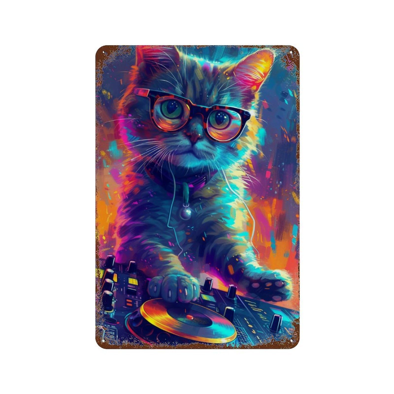 Colorful Cat DJ Art Print Rusty Metal Tin Sign 11.8"x7.9", Rustic Home Decor for Garage, Pub Or Kitchen