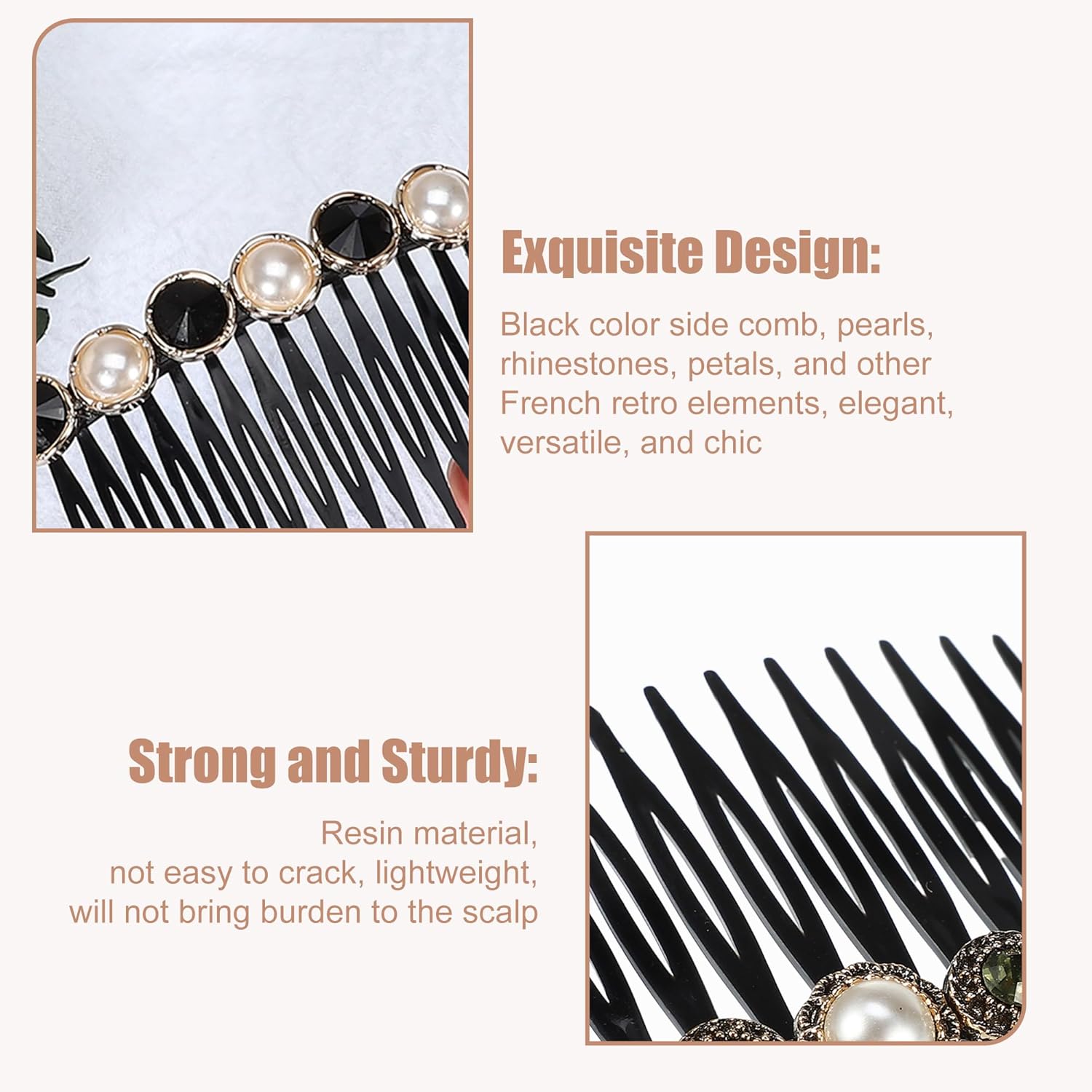 VOCOSTE 5pcs Rhinestone & Faux Pearl Side Hair Comb Set, 18 Wide Teeth, Bride Accessories, Black - Image 6