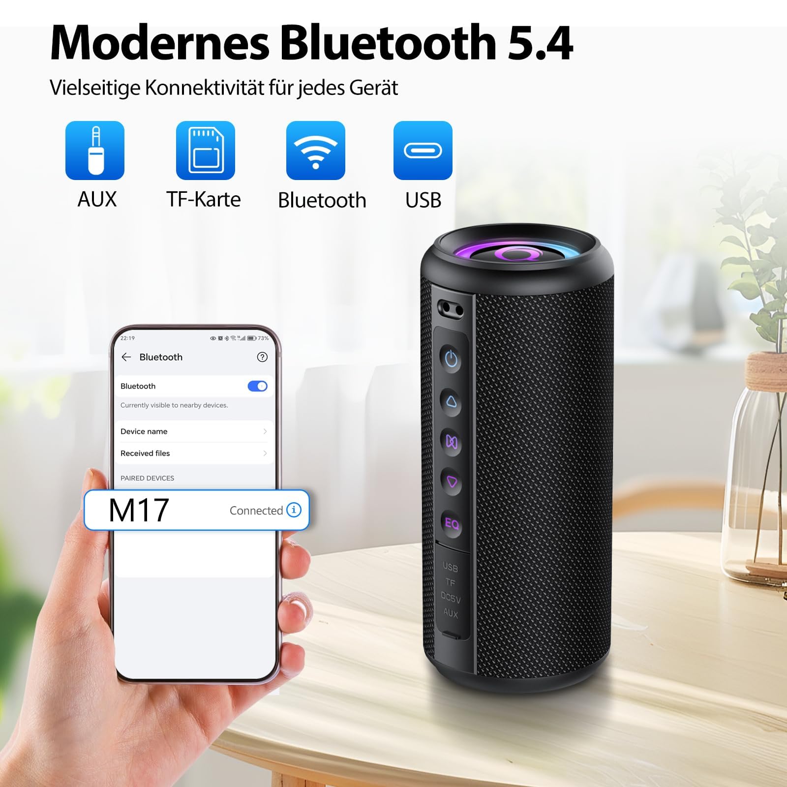 Bluetooth Lautsprecher, 2026 Musikbox Bluetooth 5.4 mit RGB Licht, Tragbare Bluetooth Box, Freisprechfunktion, IPX7 wasserdicht, kraftvoller Sound für Outdoor, Garten und Reisen