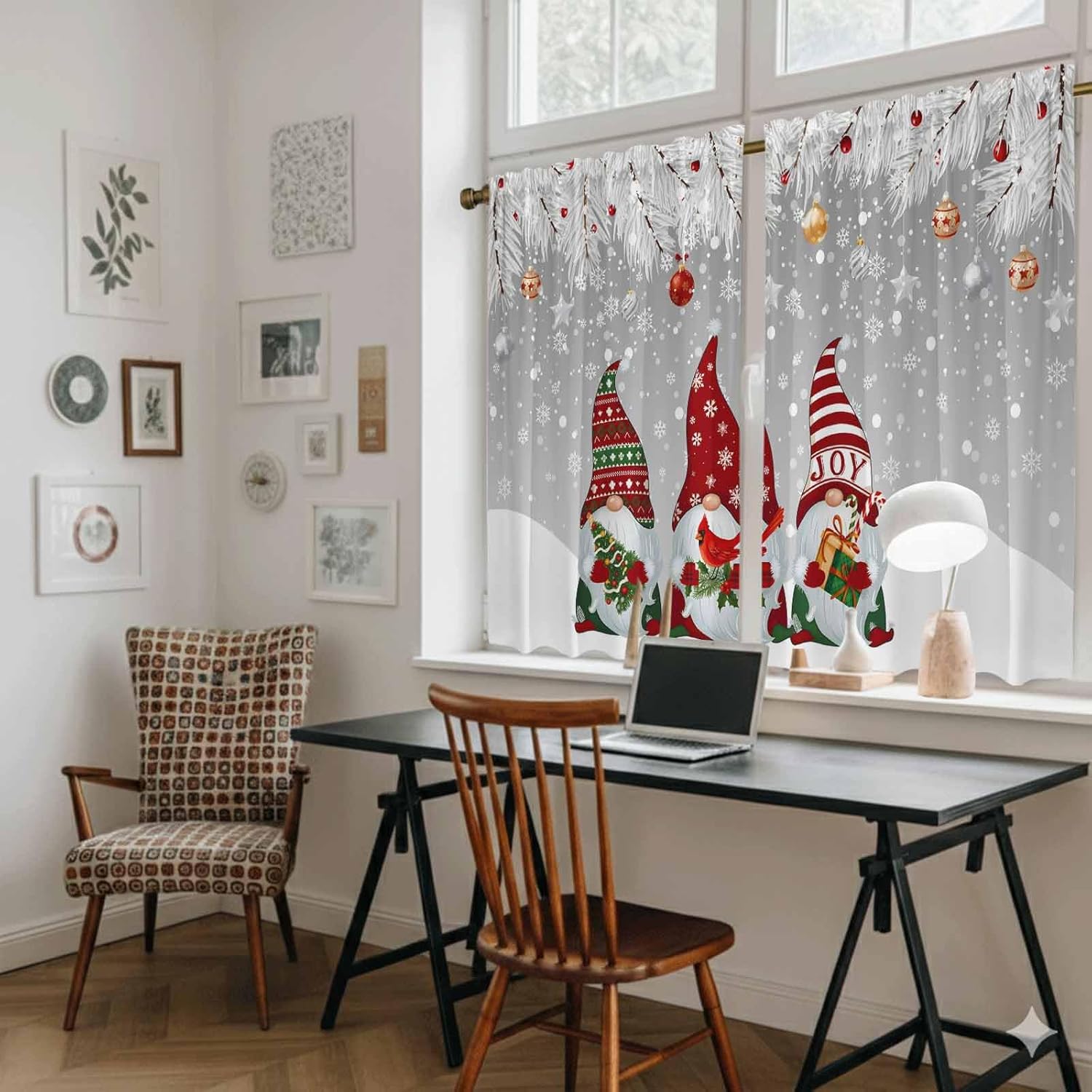 Grey Christmas Gnomes Kitchen Curtains 45 Inch Long 2 Panel Set, Rod Pocket Window Treatment, Xmas Balls Snowflake Light Filtering Short Curtains & Drapes for Bathroom Laundry 52"W x 45"L