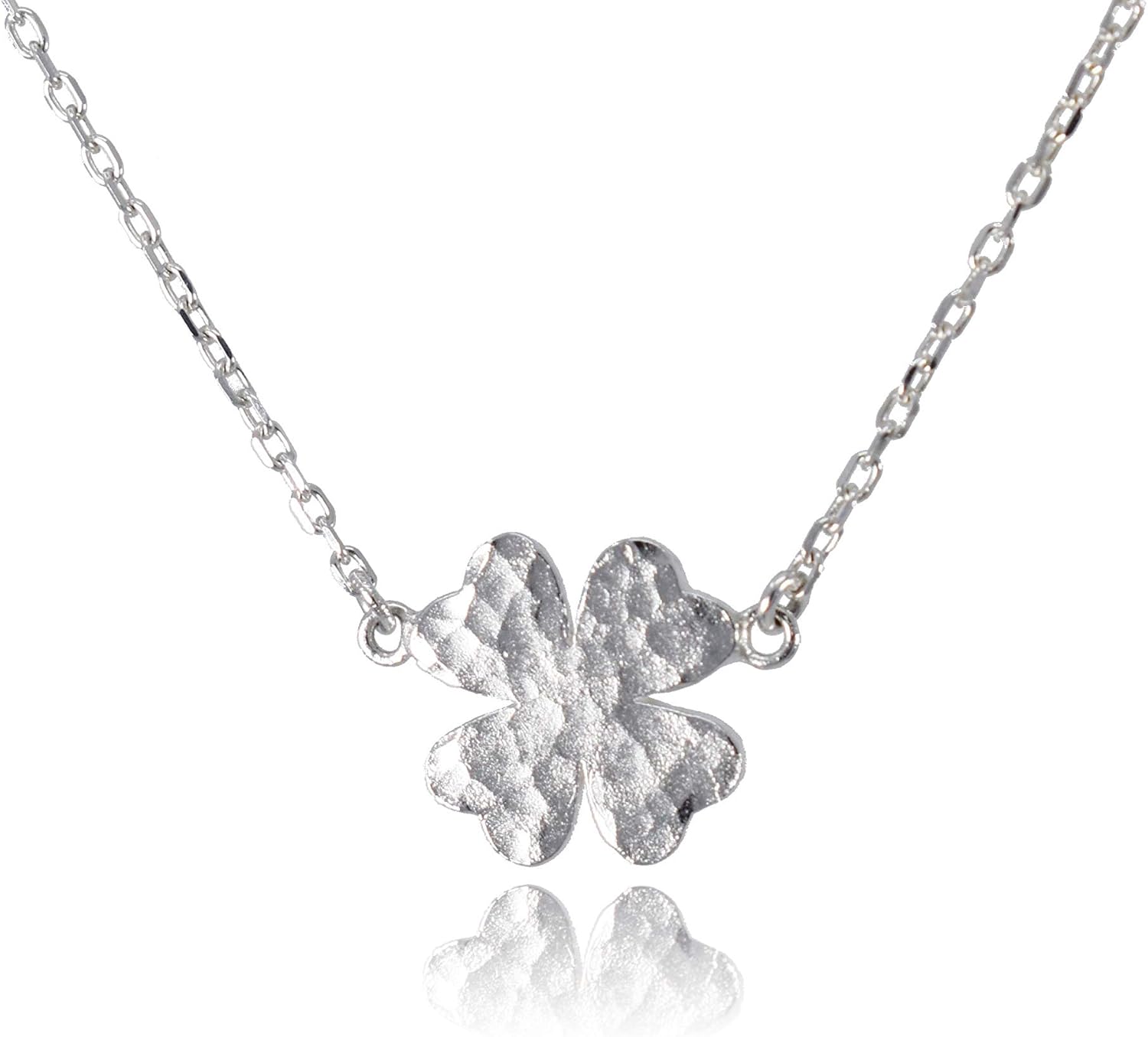 Dote Lucky Four Leaf Clover Pendant Dainty Genuine .925 Sterling Silver Hammered Necklace w/ 16-18" Adjustable Chain