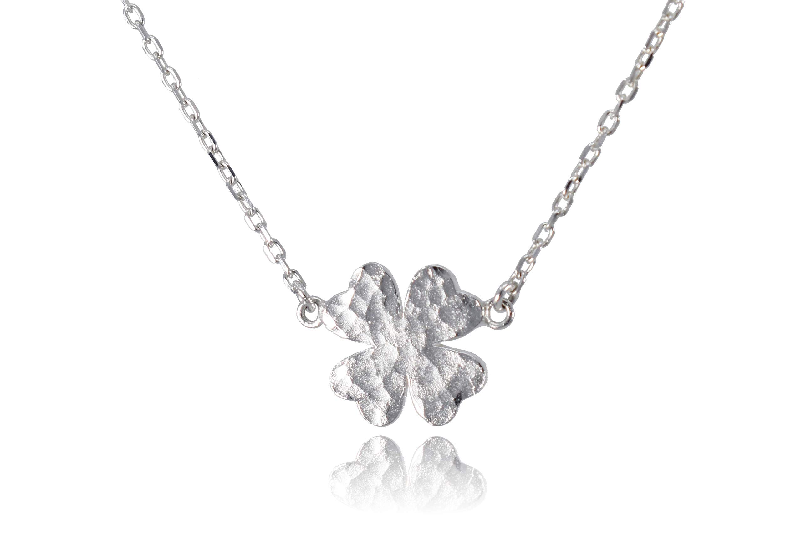Dote JewelryLucky Four Leaf Clover Pendant Dainty Genuine .925 Sterling Silver Hammered Necklace w/ 16-18" Adjustable Chain