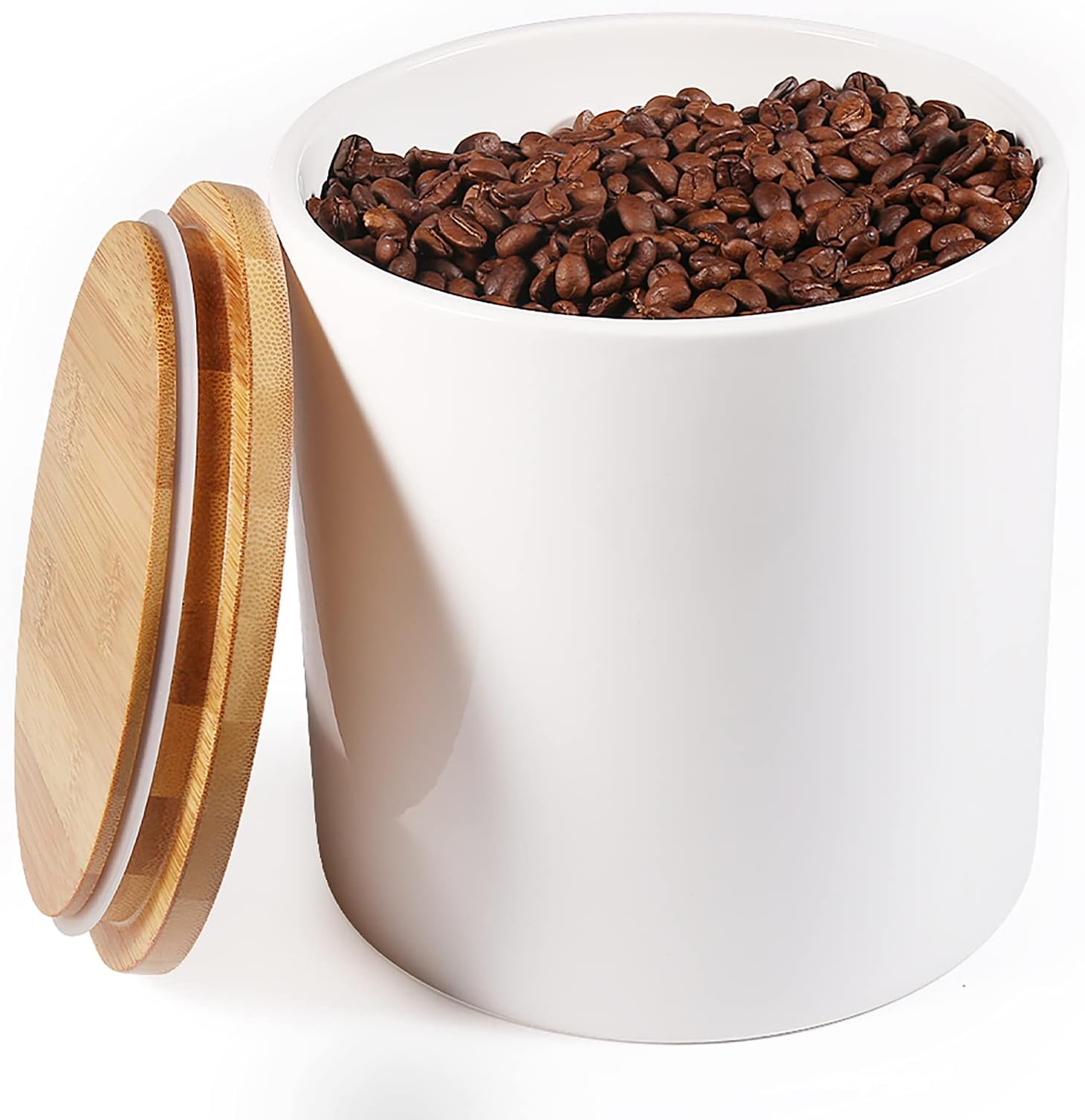 77L Food Storage Canister - Ceramic Food Storage Canister with Airtight Wooden Lid, 82.09 FL OZ (2430 ML) White Food Storage Jar for Home and Kitchen Serving for Coffee, Sugar, Tea, Flour and More