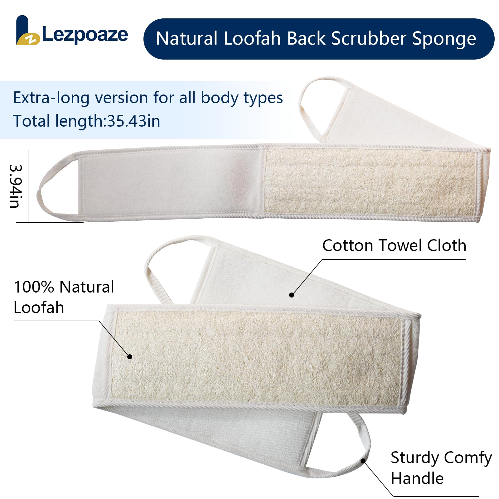 Natural Loofah Back Scrubber for Shower - Long Handle Body Exfoliator for Men & Women, African Net Sponge, Bath Brush with Luffa Exfoliating Glove