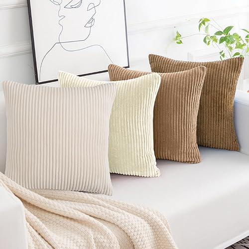 Miniatura 5 de Softalker Juego de 4 fundas de almohada decorativas de 18 x 18 pulgadas, de pana suave, a rayas sólidas, decoración moderna, fundas decorativas para