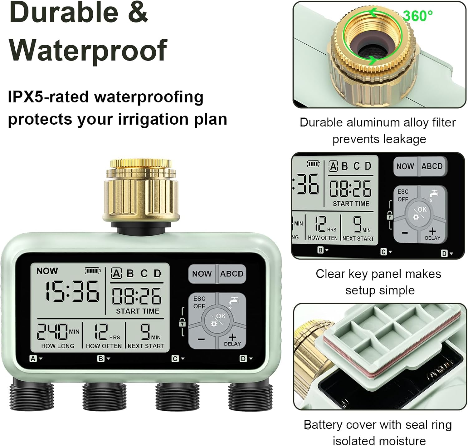 Close-up of the johgee irrigation programmer showing the battery cover with seal