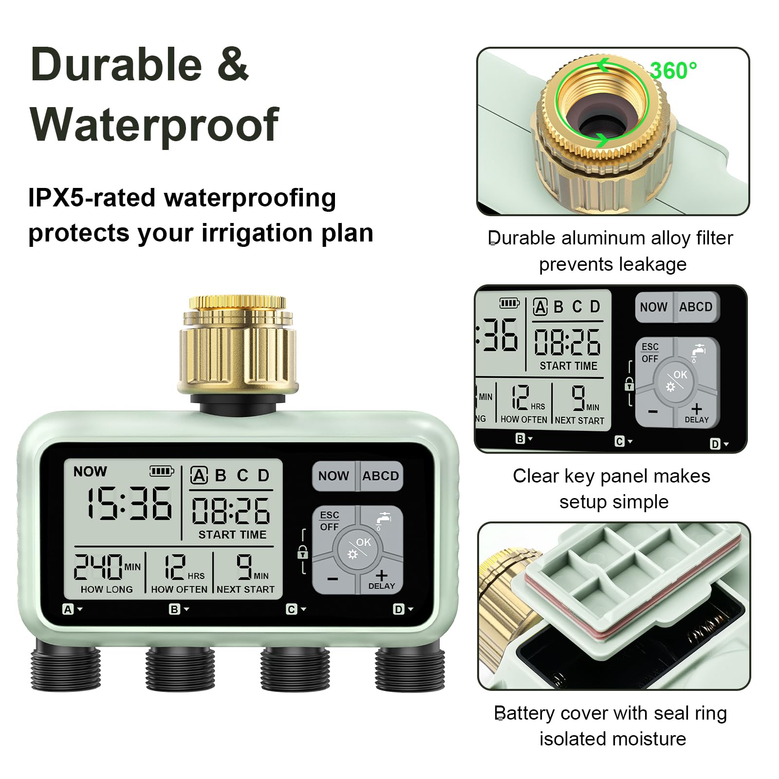 Johgee Programmatore di irrigazione, 4 uscite con ingressi in ottone, timer digitale dell'acqua con ritardo pioggia, controllo automatico/manuale dell'irrigazione per giardino e prato