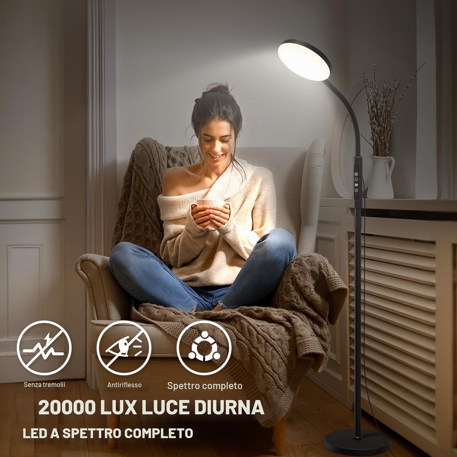 20,000 Lux Lampada da Terra - Luce LED Altezza Regolabile con 5 Colori & 10 Livelli, Timer e Base Stabile - Lampada Luce Giorno per Camera da Letto Soggiorno Ufficio