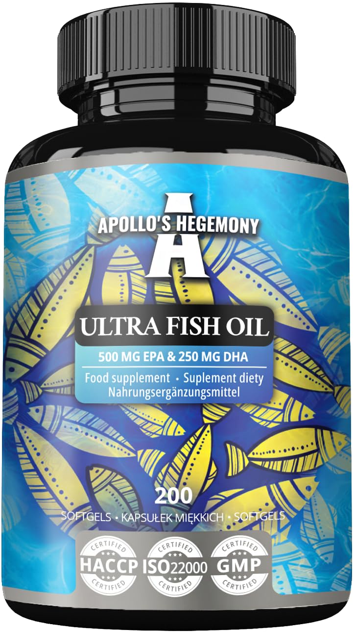 Ultra Fish Oil 1000mg, 200 kapsułek Softgel, wysoka dawka Omega 3 z 500mg EPA i 250mg DHA, zapas na 6 miesięcy, kwasy tłuszczowe (EFA) - Apollo's Hegemony